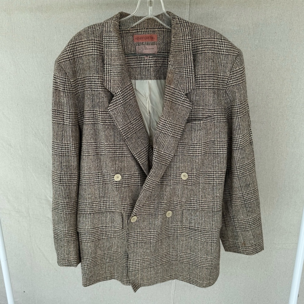 Vintage Henry Grethel Size 40 Brown Tweed Silk/Wool Double Breasted Blazer